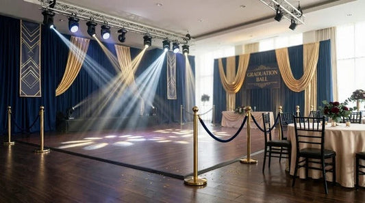 Modern event space with geometric backdrop and lighting.