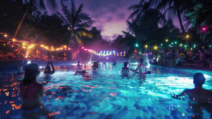 Glowing pool party with neon lighting, floating guests, and palm trees at twilight