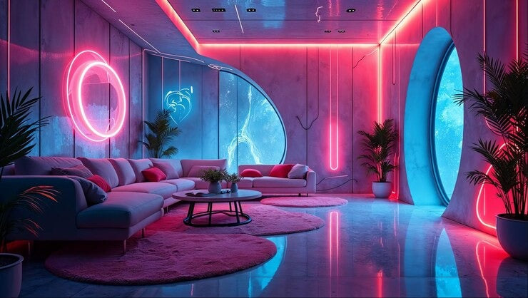 Futuristic neon room with pink and blue lighting