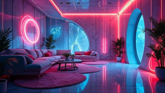 Futuristic neon room with pink and blue lighting