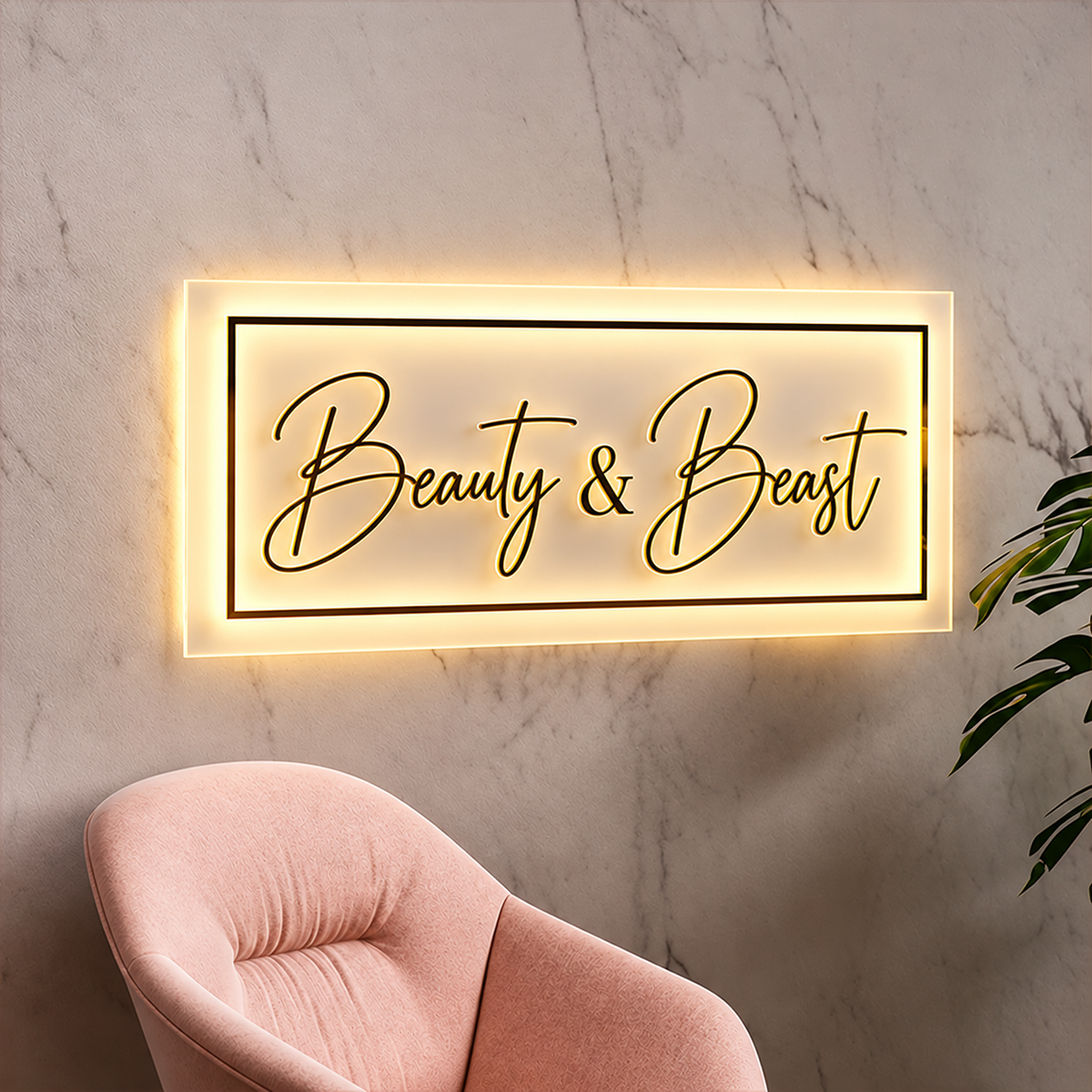 Fine script logo and border displayed on a glowing acrylic business sign