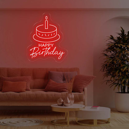 Happy Birthday With Candle And Cake Neon Sign