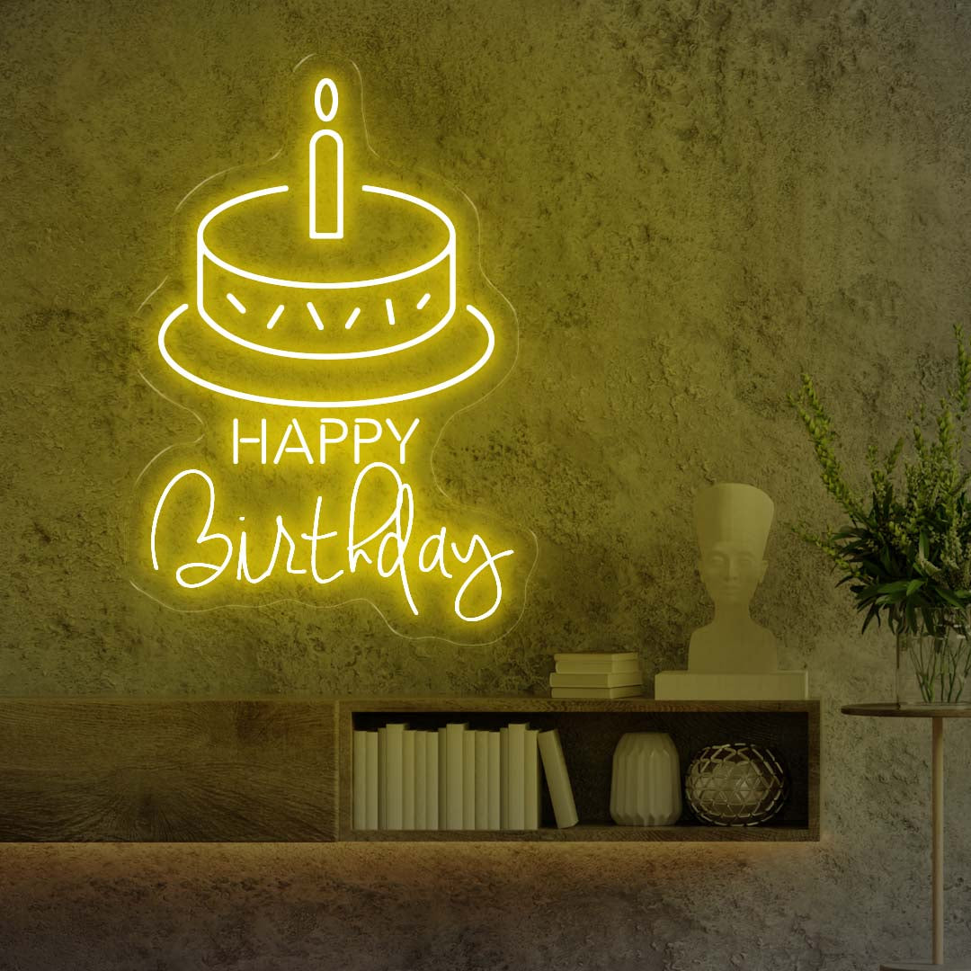 Happy Birthday with Cake Neon Sign