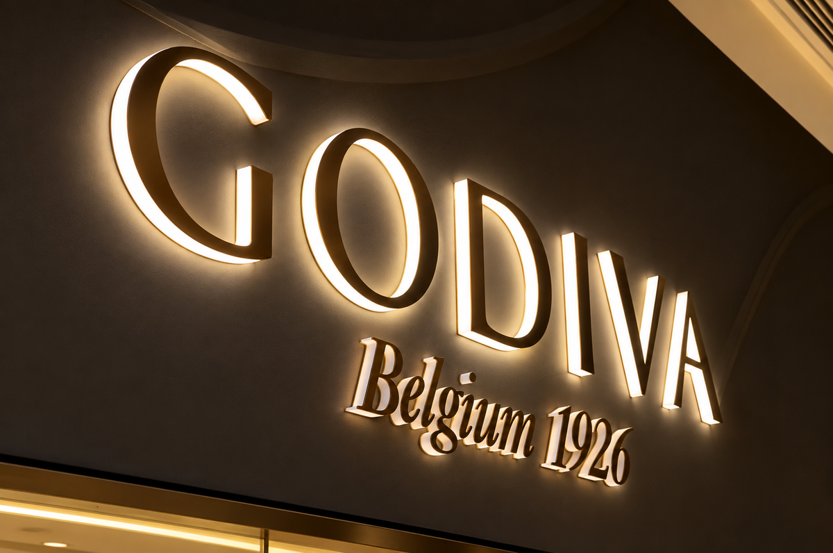 Edge-lit business name installed above an American retail entrance