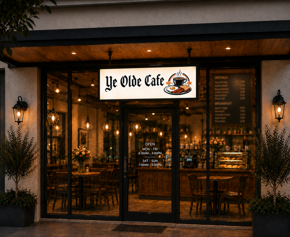 Rectangular illuminated cafe lightbox above a storefront entrance