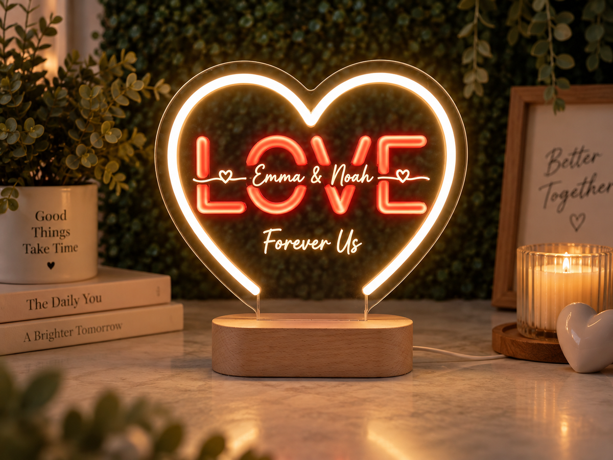 Custom freestanding LED neon sign glowing from a natural wooden base