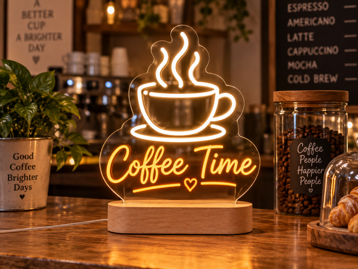 Personalized LED neon lettering on a clear acrylic panel and wooden base