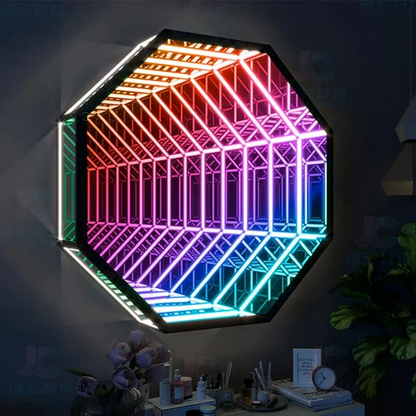 Infinity mirror logo displayed behind the counter of a modern American venue